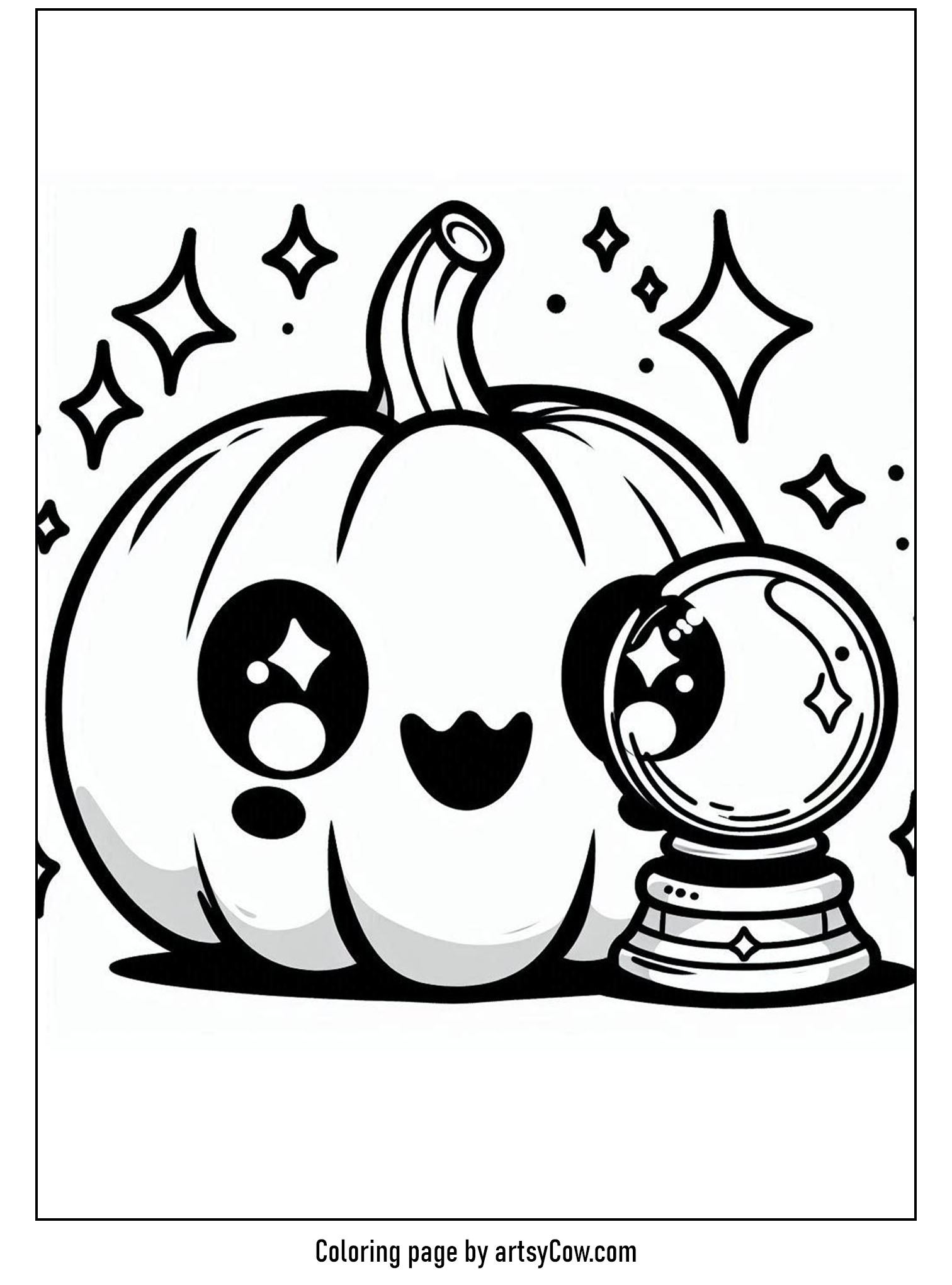 halloween coloring pages with jack-o-lantern, featuring a cute jack-o-lantern next to a crystal ball surrounded by twinkling stars.